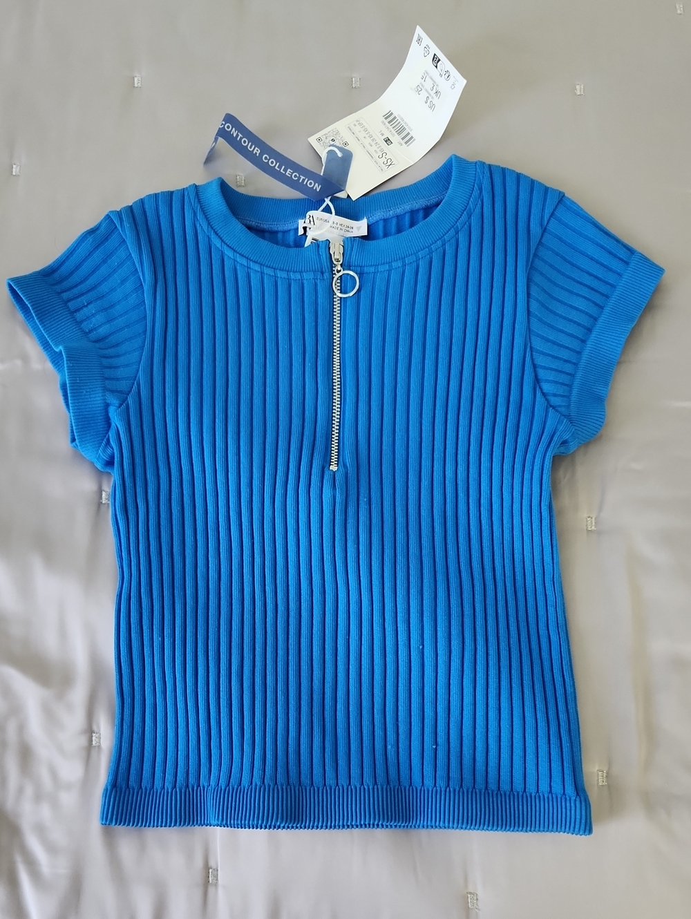 NWT Zara Bright Blue Ribbed Short-Sleeve Top with Front Zip Size XS-S